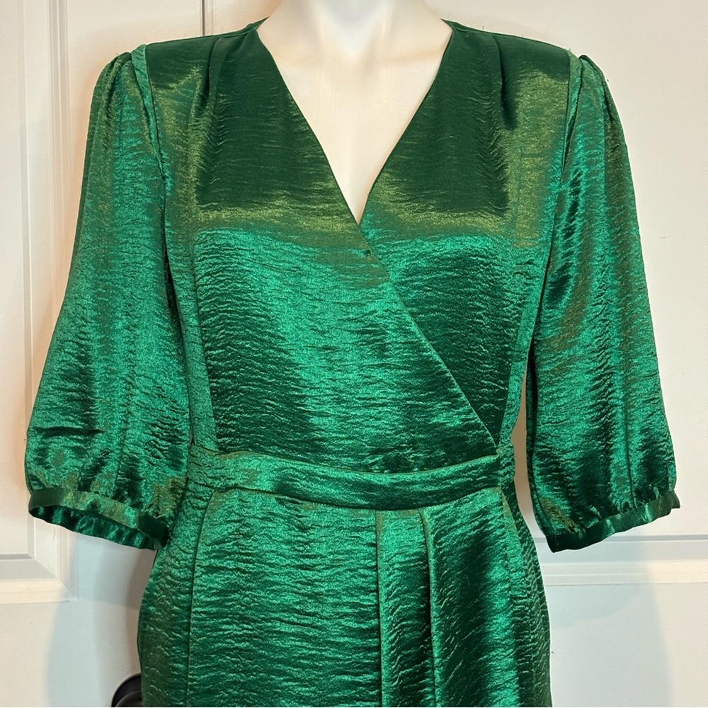 ba&sh Camil Green Short Sleeve Wrap Textured Satin Cocktail Dress 8 - Picture 3 of 13